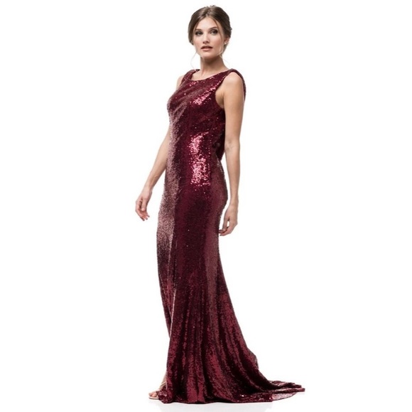 BURGUNDY SEQUIN EVENING GOWN - Picture 3 of 8